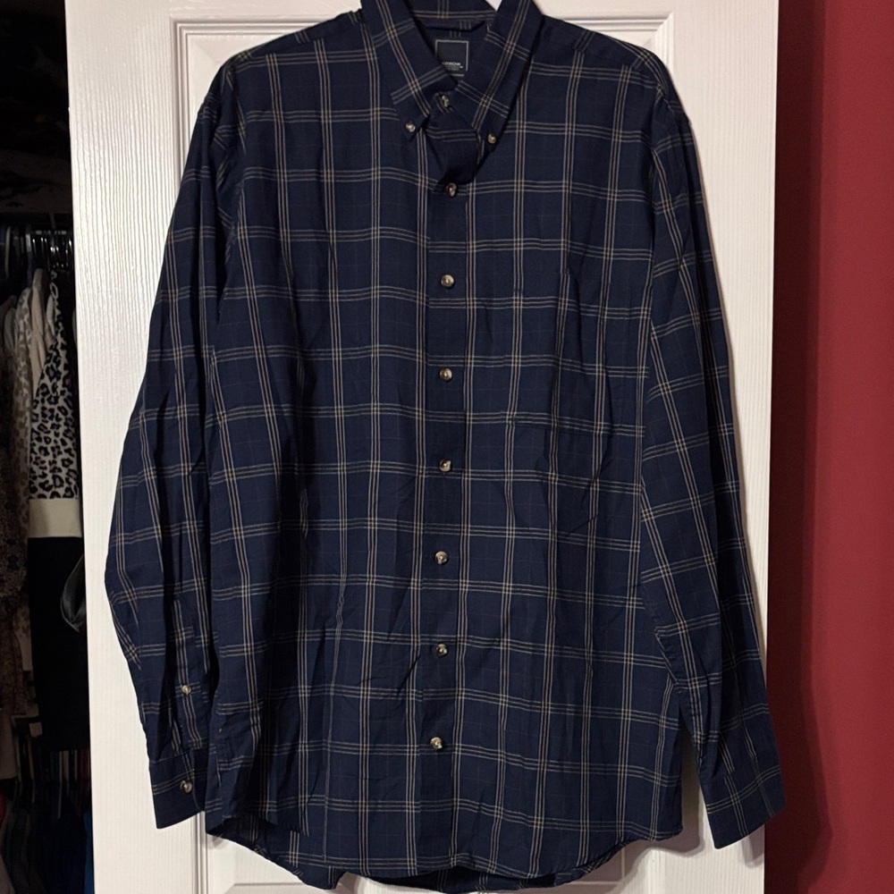 Arrow Men's Navy Plaid Button-Down Shirt large tall 16 1/2-17